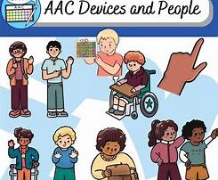 This image shows computer generated children using different types of Augmentative and Alternative Communication (AAC) tools.